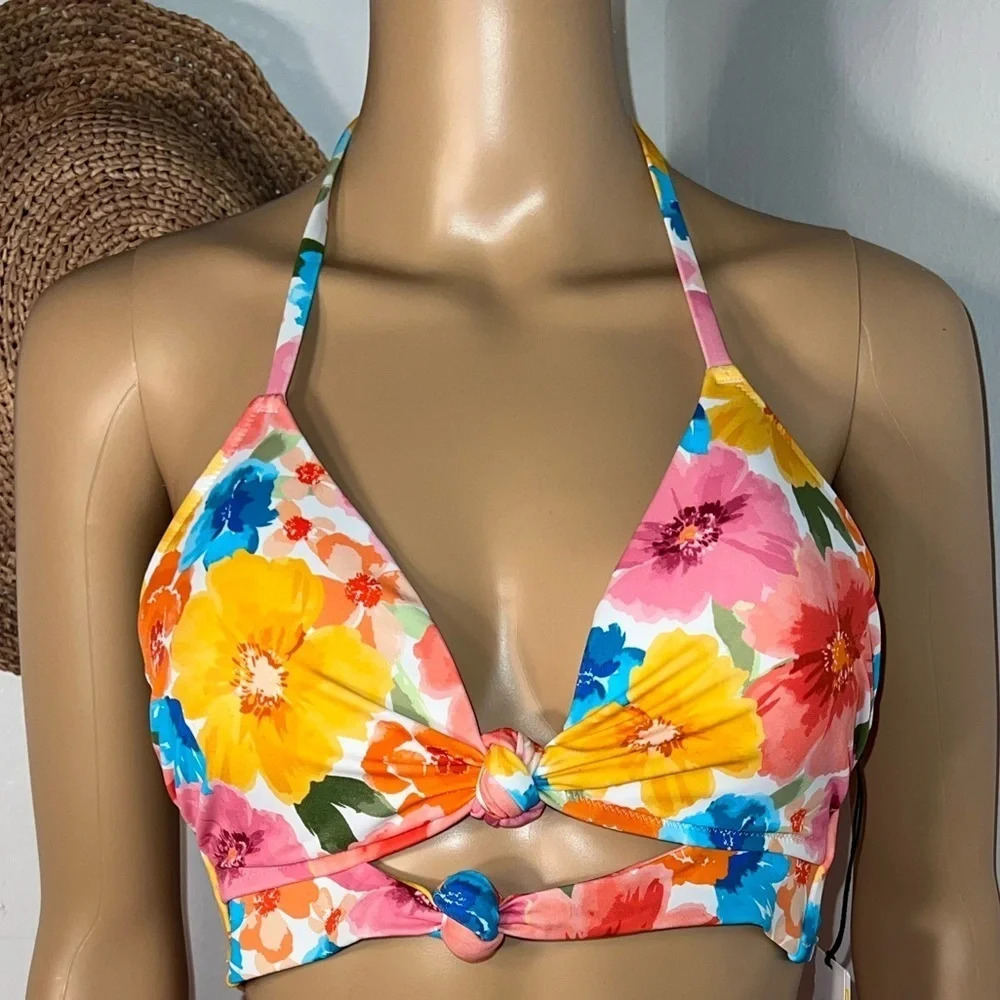 Shade &Shore, 34B, NWT Pink floral, bikini top‎ with a halter neck,waist tie